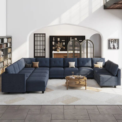 U-Shape Sectional Sofa: 14 - Piece Upholstered Sectional Sofa(Navy Blue Polyester Blend)