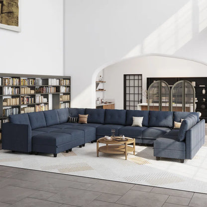 U-Shape Sectional Sofa: 14 - Piece Upholstered Sectional Sofa(Navy Blue Polyester Blend)