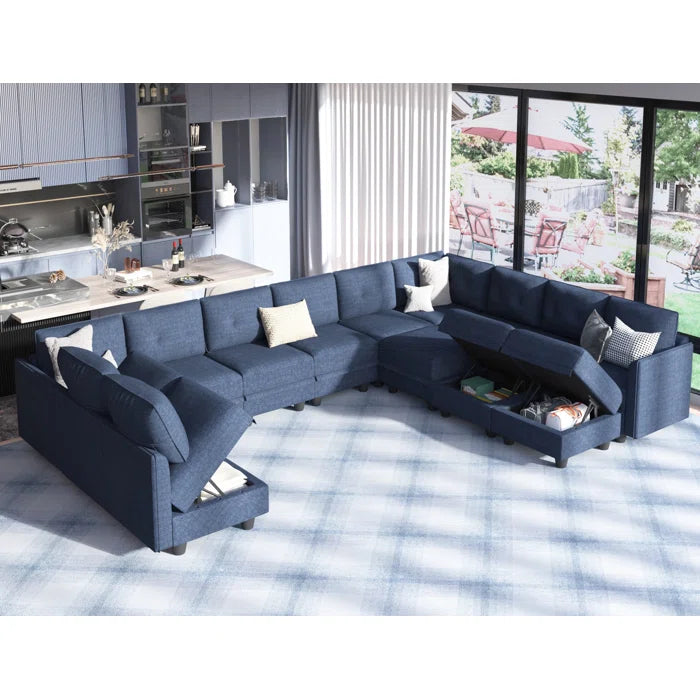 U-Shape Sectional Sofa: 14 - Piece Upholstered Sectional Sofa(Navy Blue Polyester Blend)