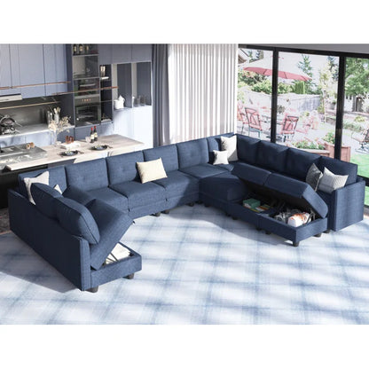 U-Shape Sectional Sofa: 14 - Piece Upholstered Sectional Sofa(Navy Blue Polyester Blend)