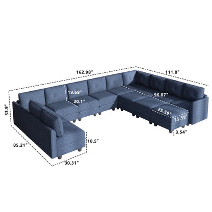 U-Shape Sectional Sofa: 14 - Piece Upholstered Sectional Sofa(Navy Blue Polyester Blend)