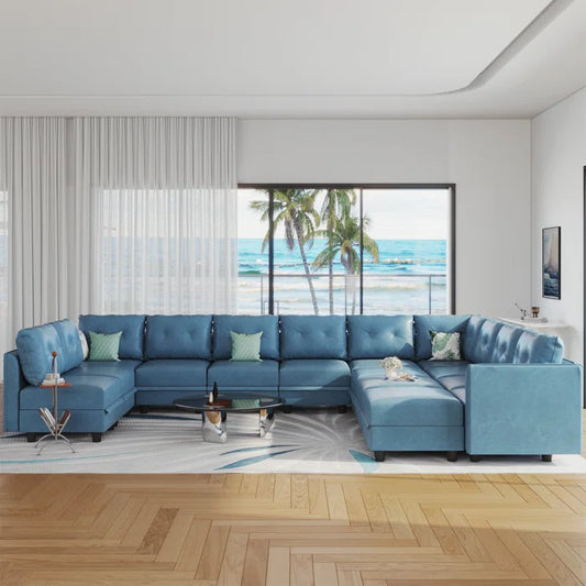 U-Shape Sectional Sofa: 14 - Piece Upholstery Sectional Sofa(Sky Blue Faux Leather)