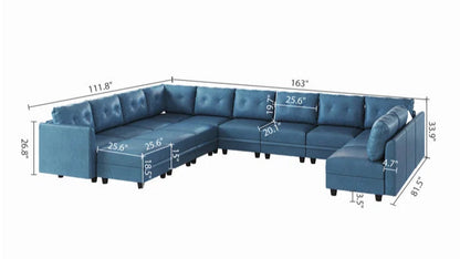 U-Shape Sectional Sofa: 14 - Piece Upholstery Sectional Sofa(Sky Blue Faux Leather)