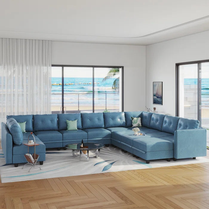 U-Shape Sectional Sofa: 14 - Piece Upholstery Sectional Sofa(Sky Blue Faux Leather)