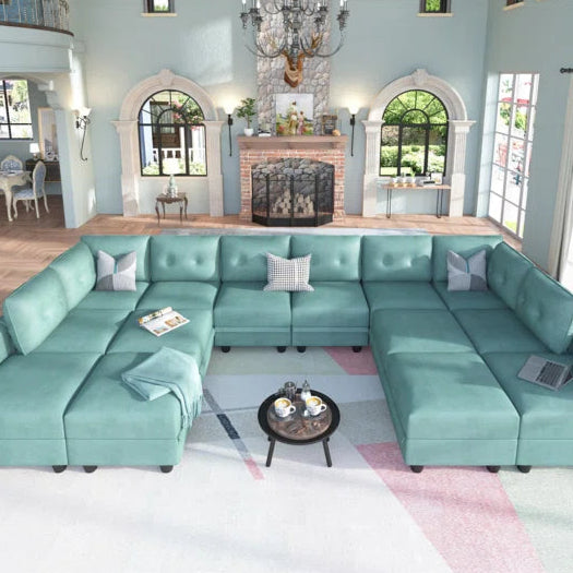 U-Shape Sectional Sofa: 14 - Piece Upholstered Sectional Sofa(Teal Green Faux Leather)