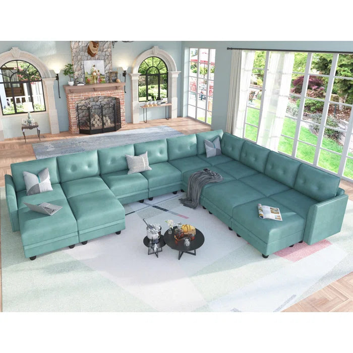 U-Shape Sectional Sofa: 14 - Piece Upholstered Sectional Sofa(Teal Green Faux Leather)