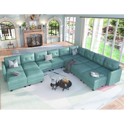 U-Shape Sectional Sofa: 14 - Piece Upholstered Sectional Sofa(Teal Green Faux Leather)