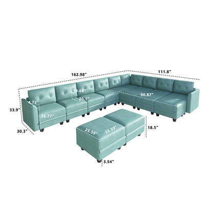 U-Shape Sectional Sofa: 14 - Piece Upholstered Sectional Sofa(Teal Green Faux Leather)