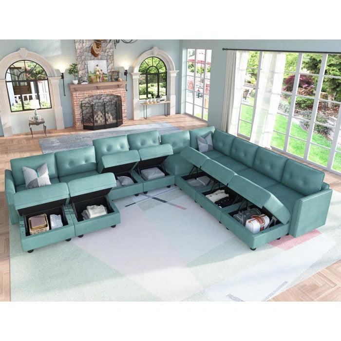 U-Shape Sectional Sofa: 14 - Piece Upholstered Sectional Sofa(Teal Green Faux Leather)