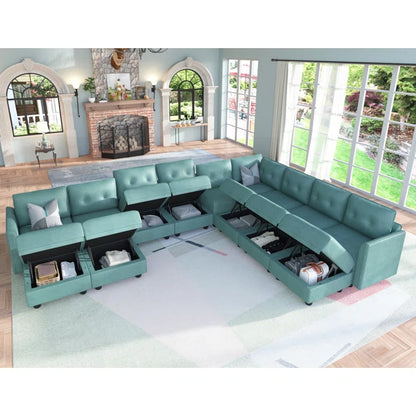 U-Shape Sectional Sofa: 14 - Piece Upholstered Sectional Sofa(Teal Green Faux Leather)