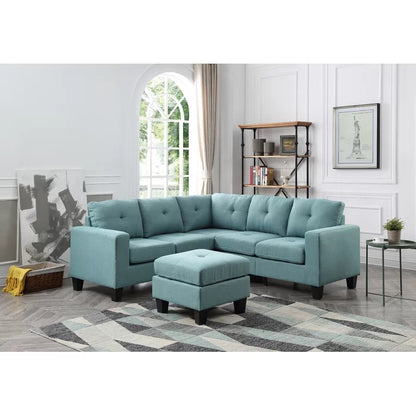 L-Shape Sectional Sofa: 14 - Piece Upholstered Sectional(Teal Twill)