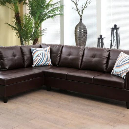 L-Shape Sectional Sofa: 2 - Piece Faux Leather Sectional(Brown Faux Leather)