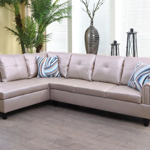 L-Shape Sectional Sofa: 2 - Piece Faux Leather Sectional(Cream Faux Leather)