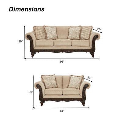 THE CASA ORO® Designer Sofa Set: 2-Piece Living Room Set, with a Loveseat and a Carved Wood Frame Sofa(Beige Wheat)