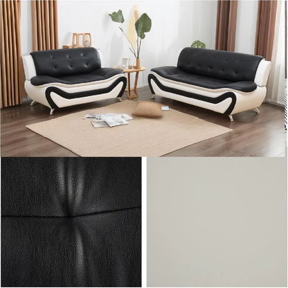 Modern Sofa Set: 2 - Piece Modern Faux Leather Living Room Set(Black/White)