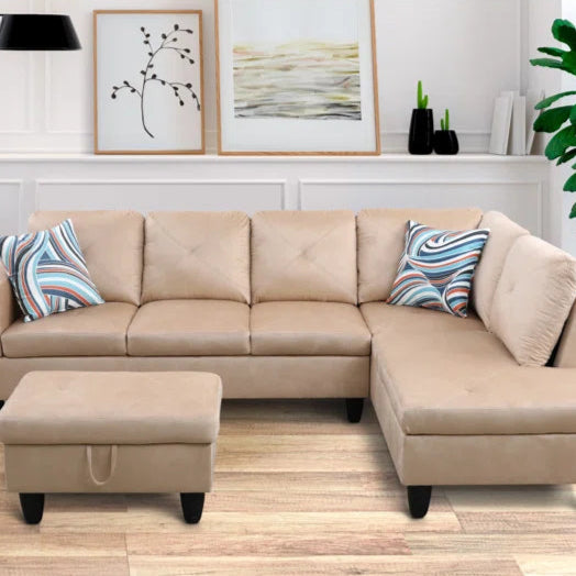 L-Shape Sectional Sofa: 2 - Piece Upholstered Sectional with Chaise(Beige Velvet)