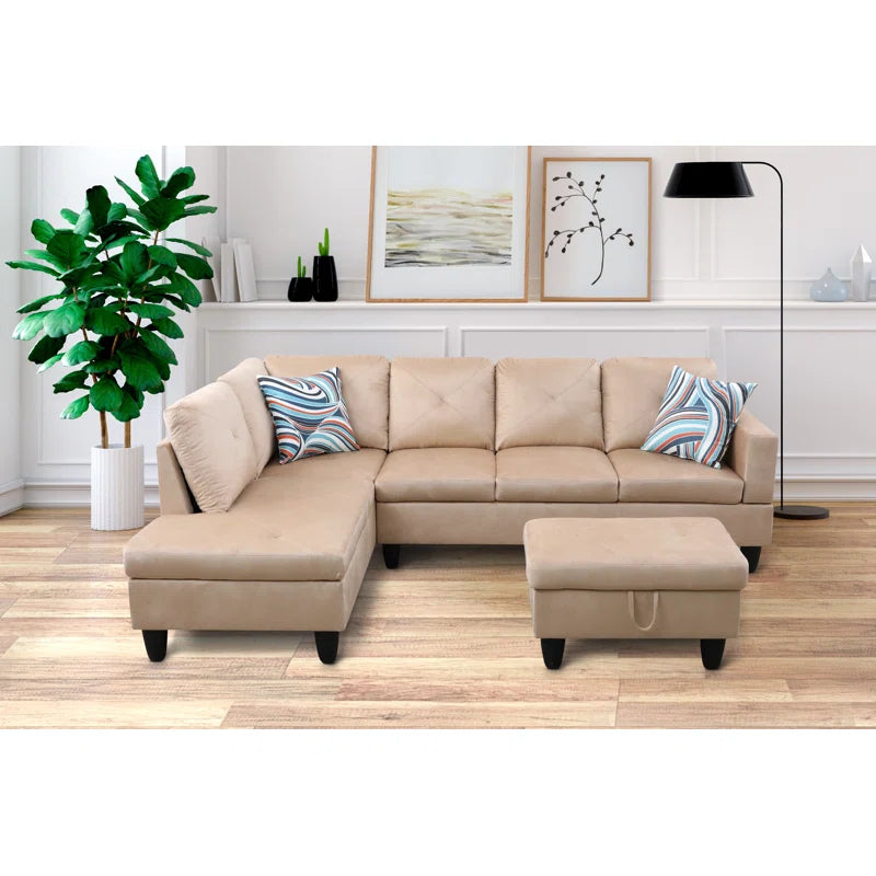 L-Shape Sectional Sofa: 2 - Piece Upholstered Sectional with Chaise(Beige Velvet)
