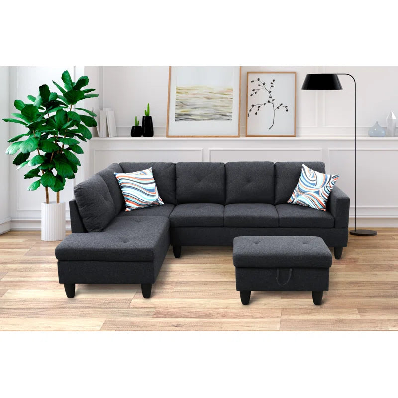 L-Shape Sectional Sofa: 2 - Piece Upholstered Sectional with Chaise(Black Linen Blend)