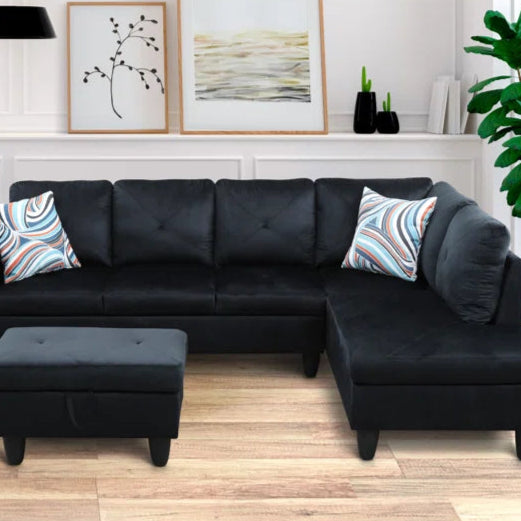 THE CASA ORO® L-Shape Sectional Sofa: 2 - Piece Upholstered Sectional with Chaise(Oreo Black Velvet)