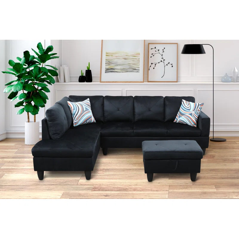 THE CASA ORO® L-Shape Sectional Sofa: 2 - Piece Upholstered Sectional with Chaise(Oreo Black Velvet)