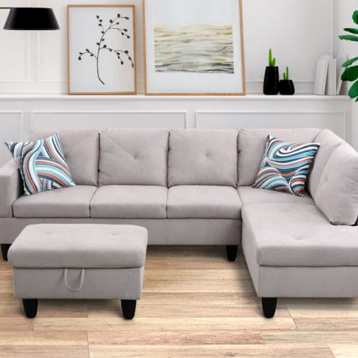 L-Shape Sectional Sofa: 2 - Piece Upholstered Sectional with Chaise(White Gray Microfiber/Microsuede)