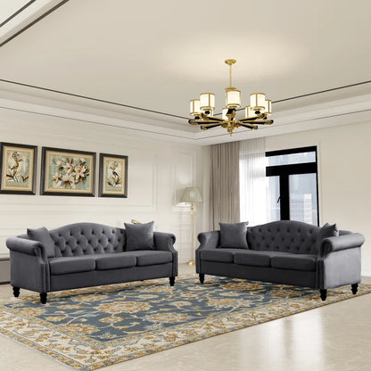 THE CASA ORO® 2 - Piece Upholstered Tufted 3 Seater Chesterfield Sofa Set(Gray Velvet)