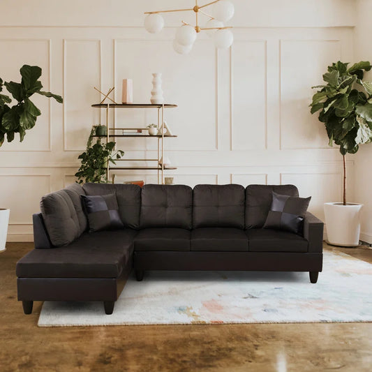 L-Shape Sectional Sofa: 2 - Piece Velvet Sectional Sofa & Chaise(Dark Brown Velvet)