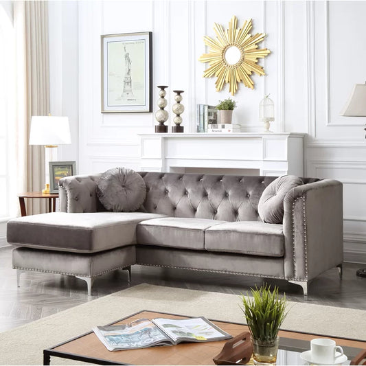 L- Shape Sectional Sofa: 2-Piece Velvet Sectional Sofa & Chaise(Gray)