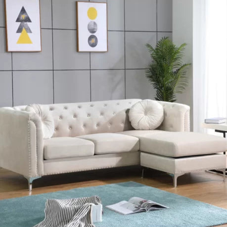 L- Shape Sectional Sofa: 2-Piece Velvet Sectional Sofa & Chaise(Ivory)
