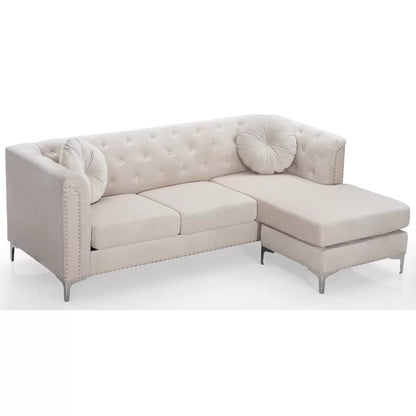 L- Shape Sectional Sofa: 2-Piece Velvet Sectional Sofa & Chaise(Ivory)