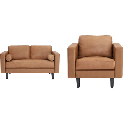 THE CASA ORO® Designer Sofa Set: 2 Piece Living Room Sets Genuine Leather Modern Couch Set with Loveseat and Accent Chair(Brown Genuine Leather)