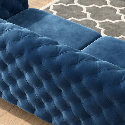 THE CASA ORO® 3-Piece Tufted Velvet Living Room Set with Chrome Legs, Sofa, Loveseat, and Chesterfield Chair(Navy Blue Velvet)
