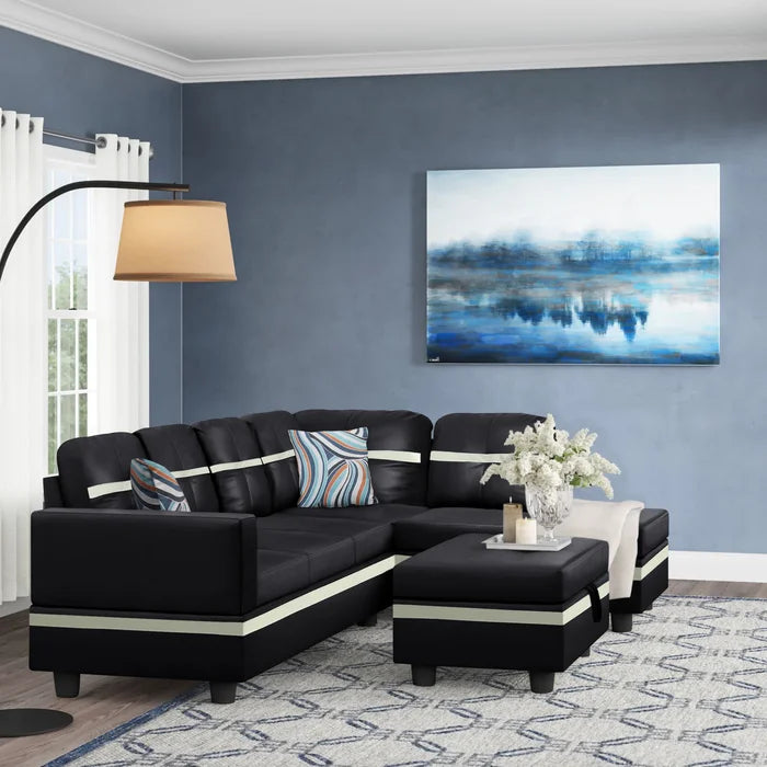 L-Shape Sectional Sofa: 3 - Piece Faux Leather Sectional(Black/Off White)