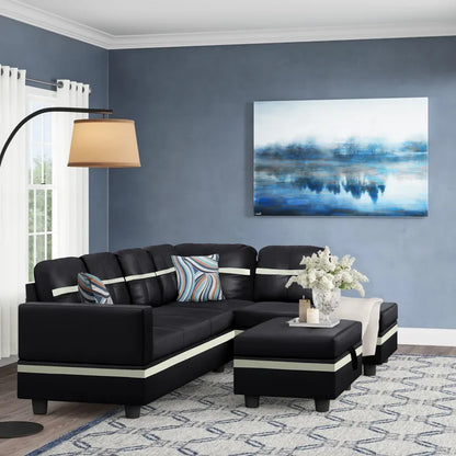 L-Shape Sectional Sofa: 3 - Piece Faux Leather Sectional(Black/Off White)