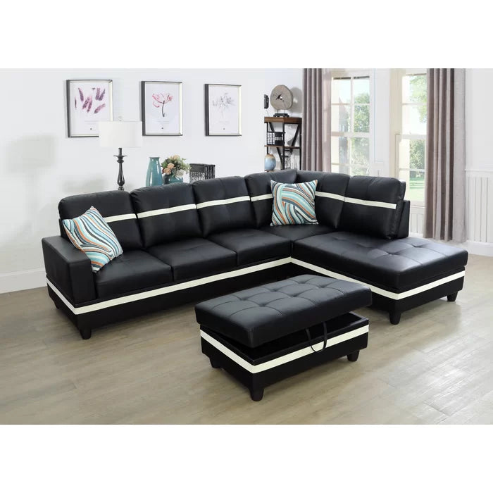 L-Shape Sectional Sofa: 3 - Piece Faux Leather Sectional(Black/Off White)