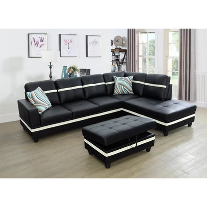 L-Shape Sectional Sofa: 3 - Piece Faux Leather Sectional(Black/Off White)