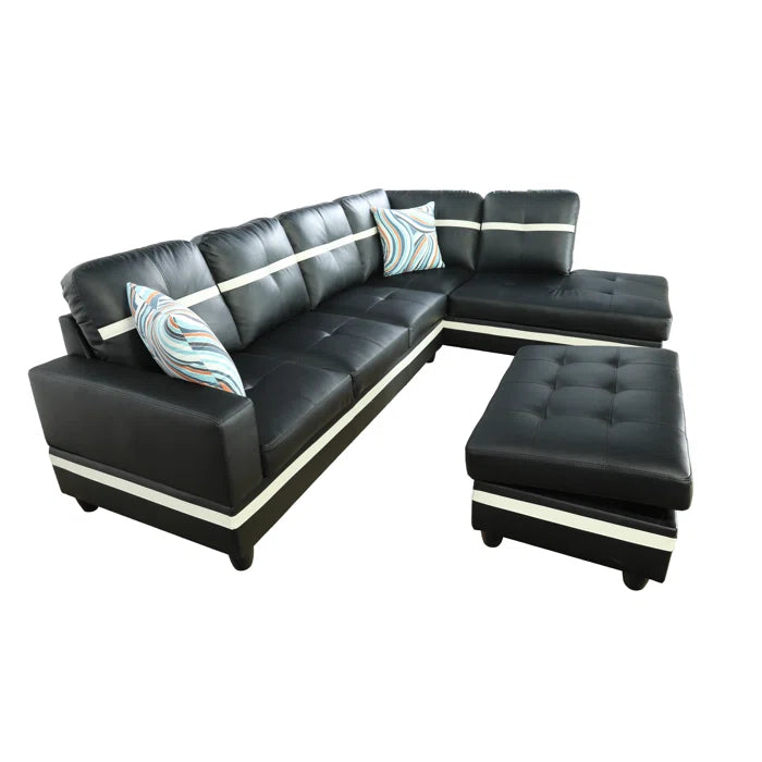 L-Shape Sectional Sofa: 3 - Piece Faux Leather Sectional(Black/Off White)