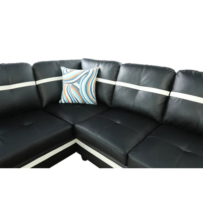 L-Shape Sectional Sofa: 3 - Piece Faux Leather Sectional(Black/Off White)