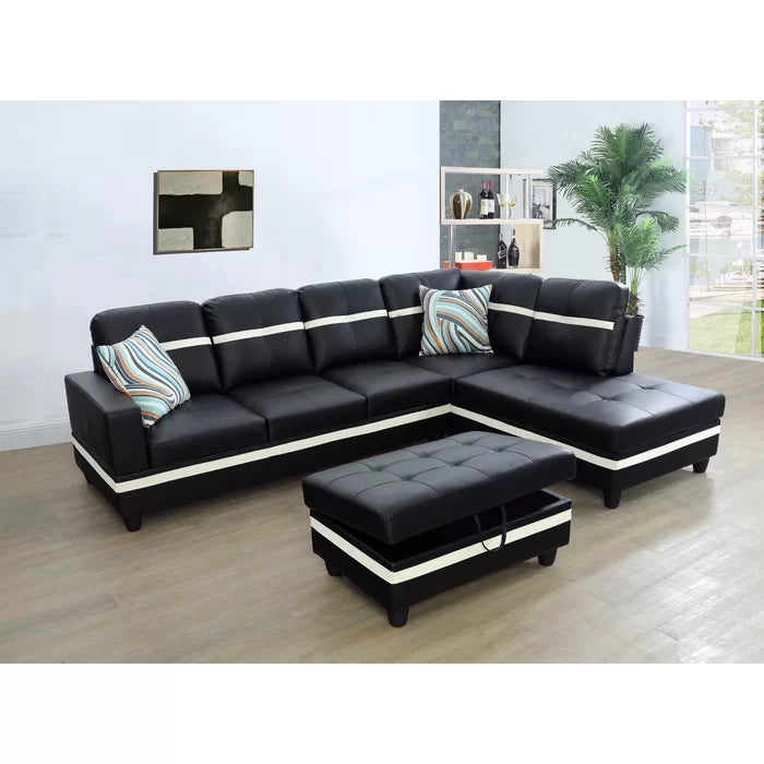 L-Shape Sectional Sofa: 3 - Piece Faux Leather Sectional(Black/Off White)