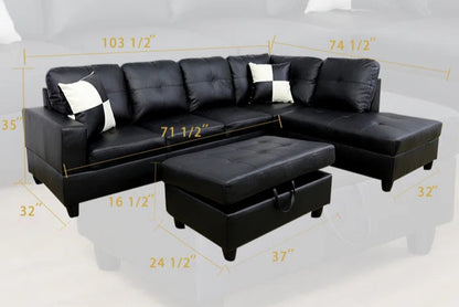 L-Shape Sectional Sofa: 3 - Piece Faux Leather Sectional sofa(Black)