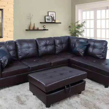 L-Shape Sectional Sofa: 3 - Piece Faux Leather Sectional(Brown)