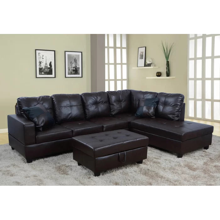 L-Shape Sectional Sofa: 3 - Piece Faux Leather Sectional(Brown)