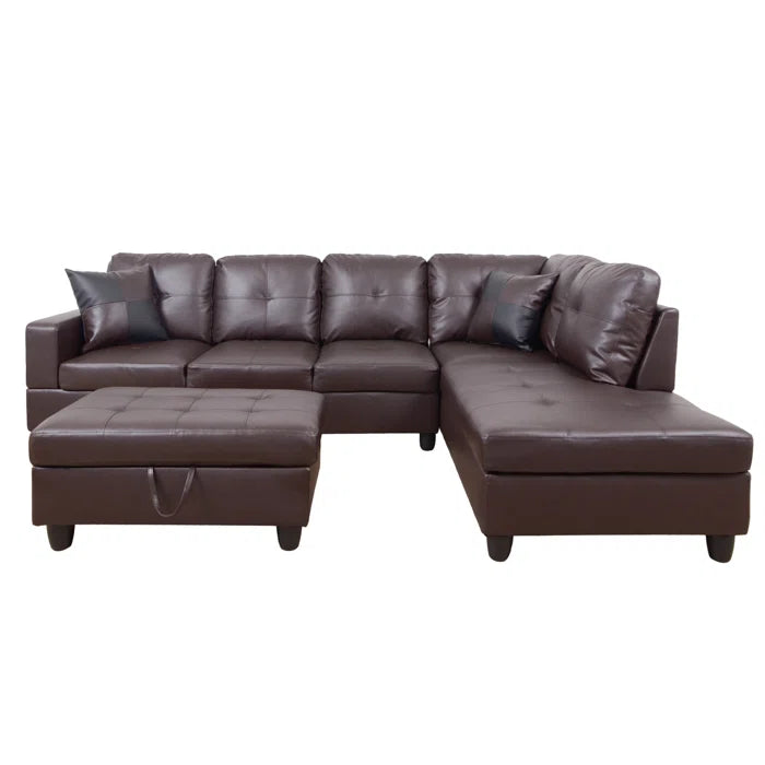 L-Shape Sectional Sofa: 3 - Piece Faux Leather Sectional(Brown)