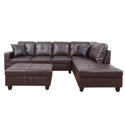 L-Shape Sectional Sofa: 3 - Piece Faux Leather Sectional(Brown)