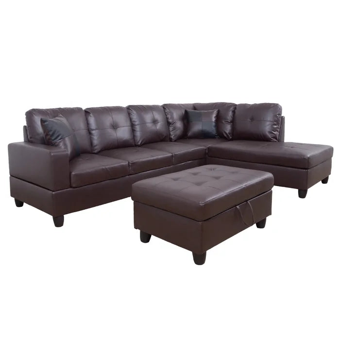 L-Shape Sectional Sofa: 3 - Piece Faux Leather Sectional(Brown)