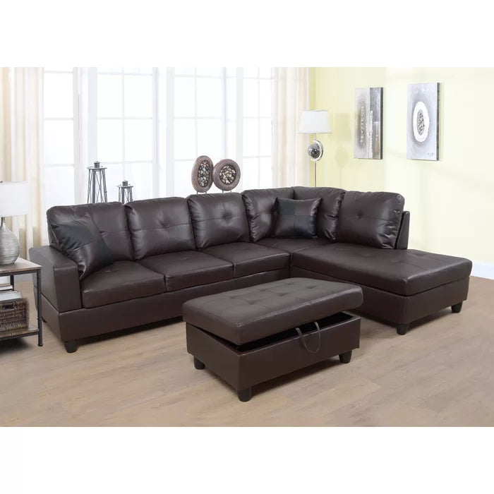 L-Shape Sectional Sofa: 3 - Piece Faux Leather Sectional(Brown)
