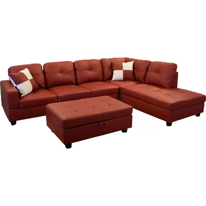 L-Shape Sectional Sofa: 3 - Piece Faux Leather Sectional(Burgundy)