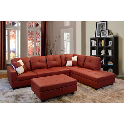 L-Shape Sectional Sofa: 3 - Piece Faux Leather Sectional(Burgundy)