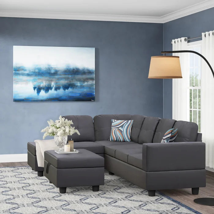 L-Shape Sectional Sofa: 3 - Piece Faux Leather Sectional(Dark Gray)