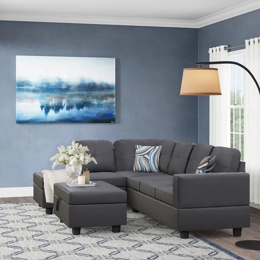 L-Shape Sectional Sofa: 3 - Piece Faux Leather Sectional(Dark Gray)